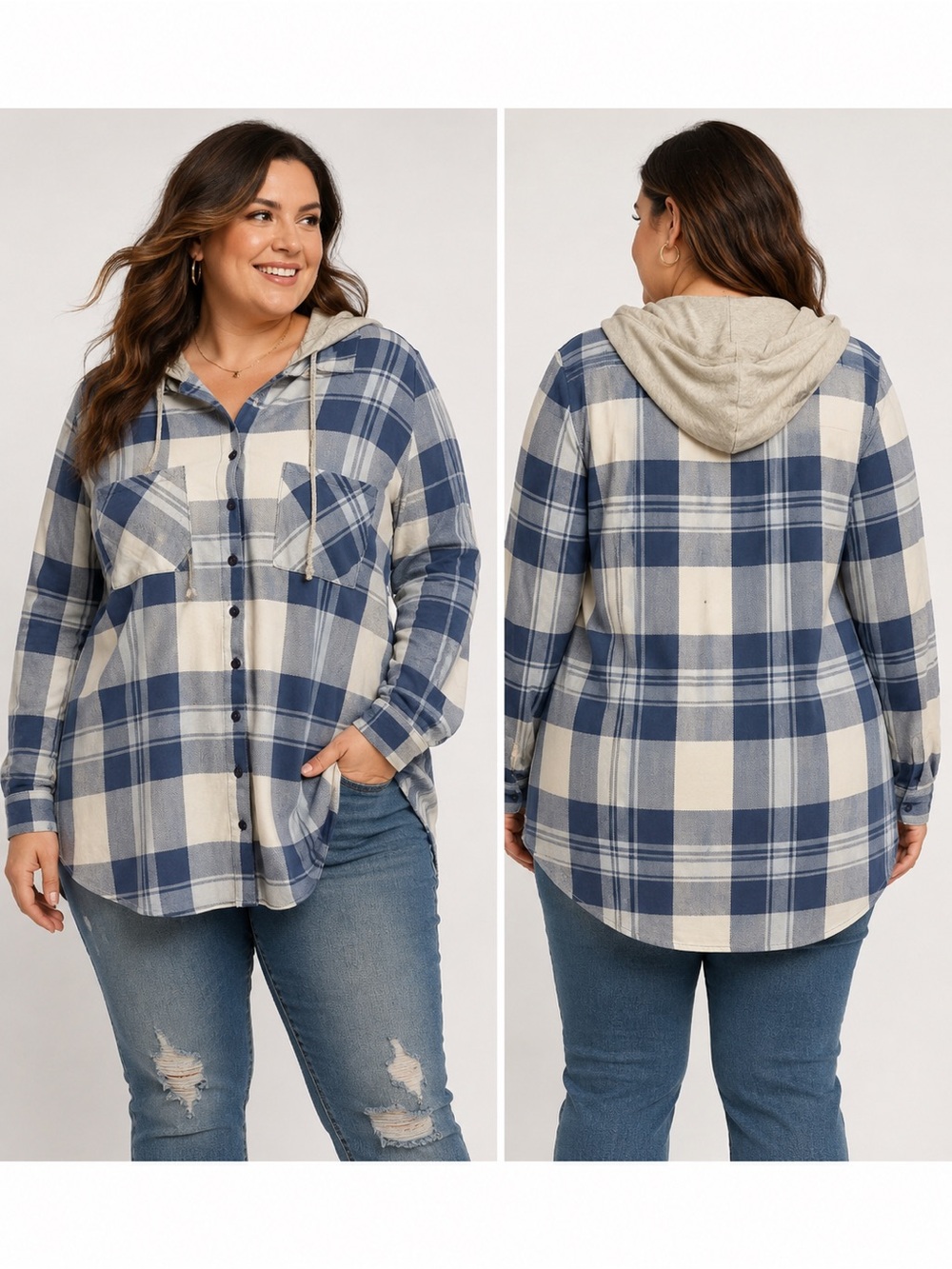 Mystyle 2x Plaid Hooded Button-Down Shirt - Blue/Cream